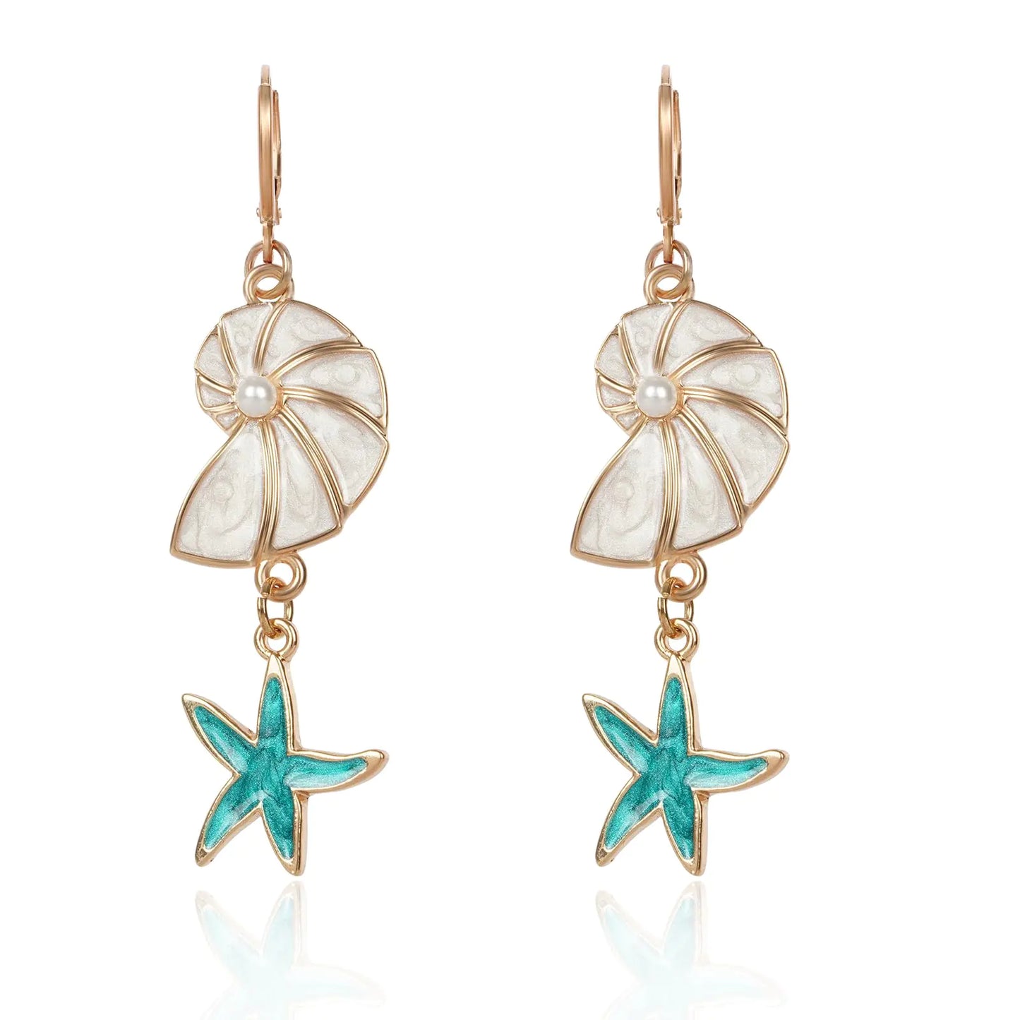 Blue Starfish Earrings for Women Boho Dangle Seashell Huggie Hoop Earrings Bohemian Drop Pearl Sparkly Sea Shell Conch Earrings Hawaiian Earrings Summer Beach Vacation Ocean Jewelry Gifts for Women