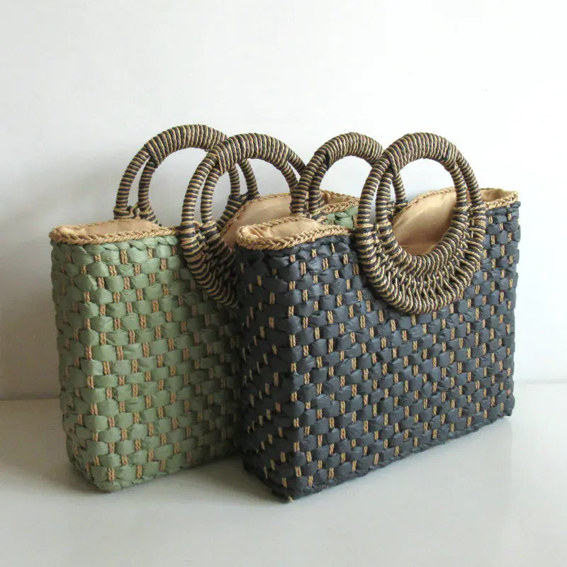 Square Woven Floral Handbag - Straw Beach Bag