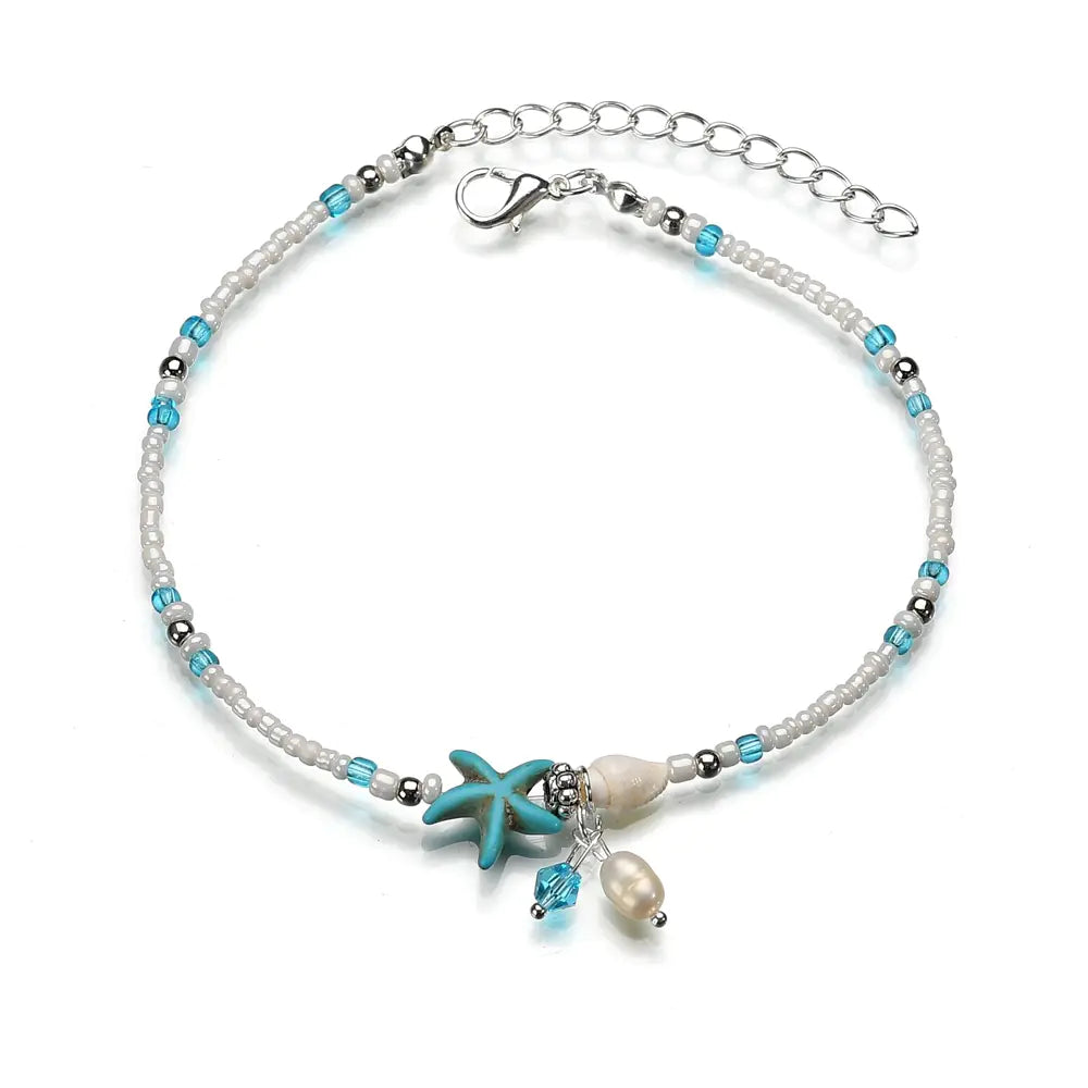 Seastar Shell Beach Anklet and Beaded Bracelet Jewelry