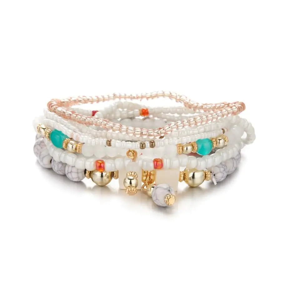 Stackable Multi Layer Bohemian Bead Bracelet For Women Handmade Colorful Beads Layered Stretch Bangles Holiday Beach Anklets Jewelry Friendship String Charm Bracelets 8 pieces (White Cc)