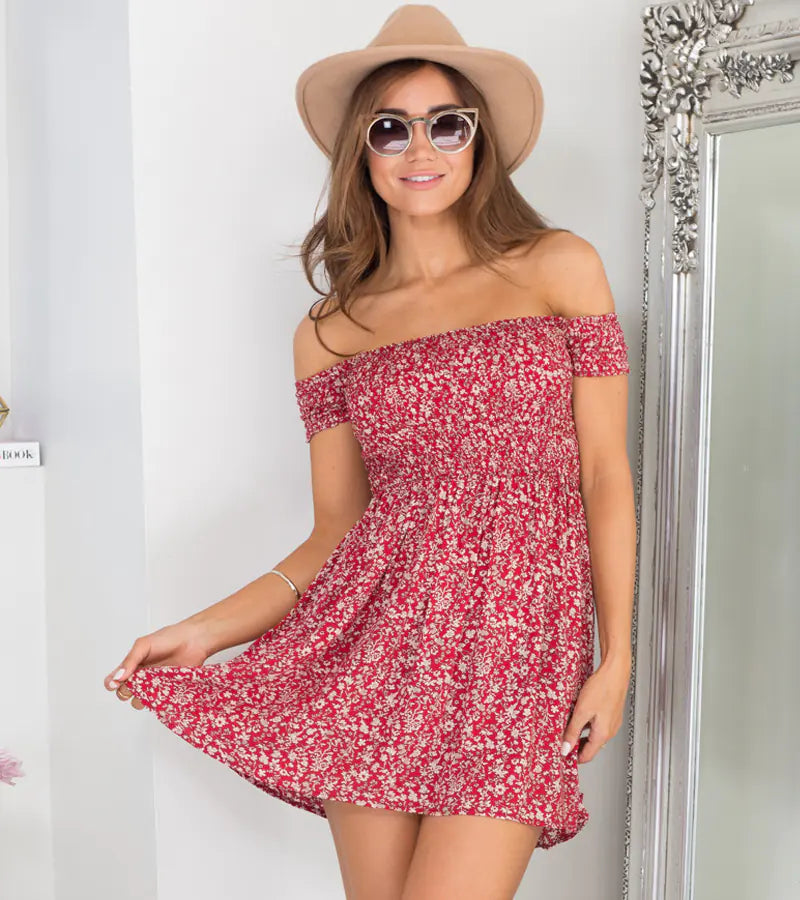 Floral Mini Beach Dress for Women with Off-Shoulder Design