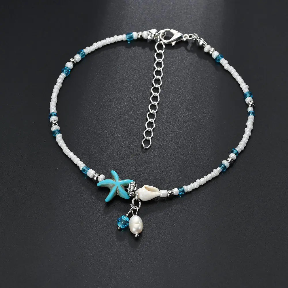 Seastar Shell Beach Anklet and Beaded Bracelet Jewelry