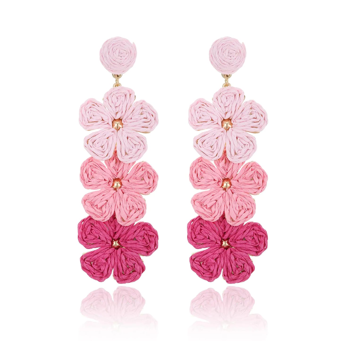 RUOFFETA Raffia Flower Earrings Raffia Straw Wrapped Flower Drop Dangle Earrings Summer Tropical Beach Jewelry(Pink Ombre)