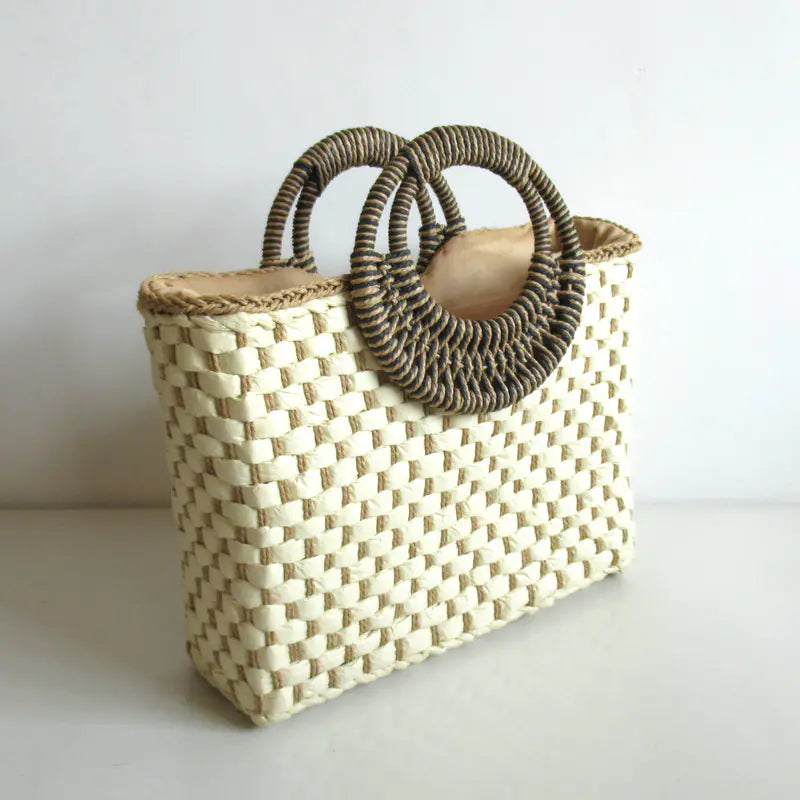 Square Woven Floral Handbag - Straw Beach Bag