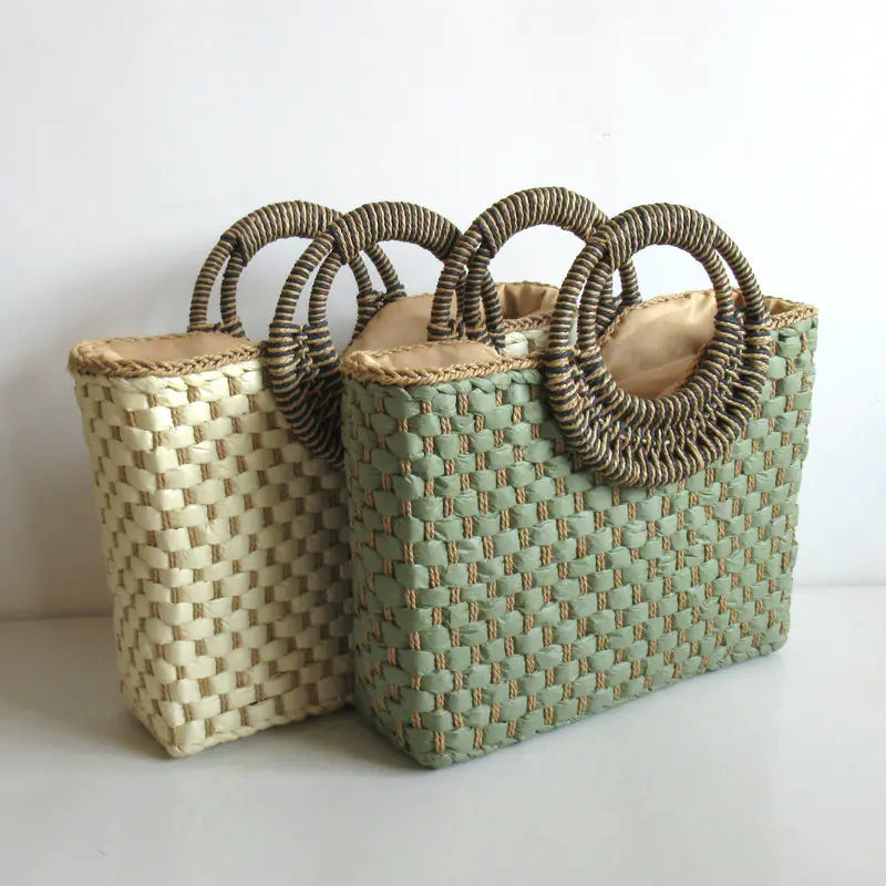 Square Woven Floral Handbag - Straw Beach Bag