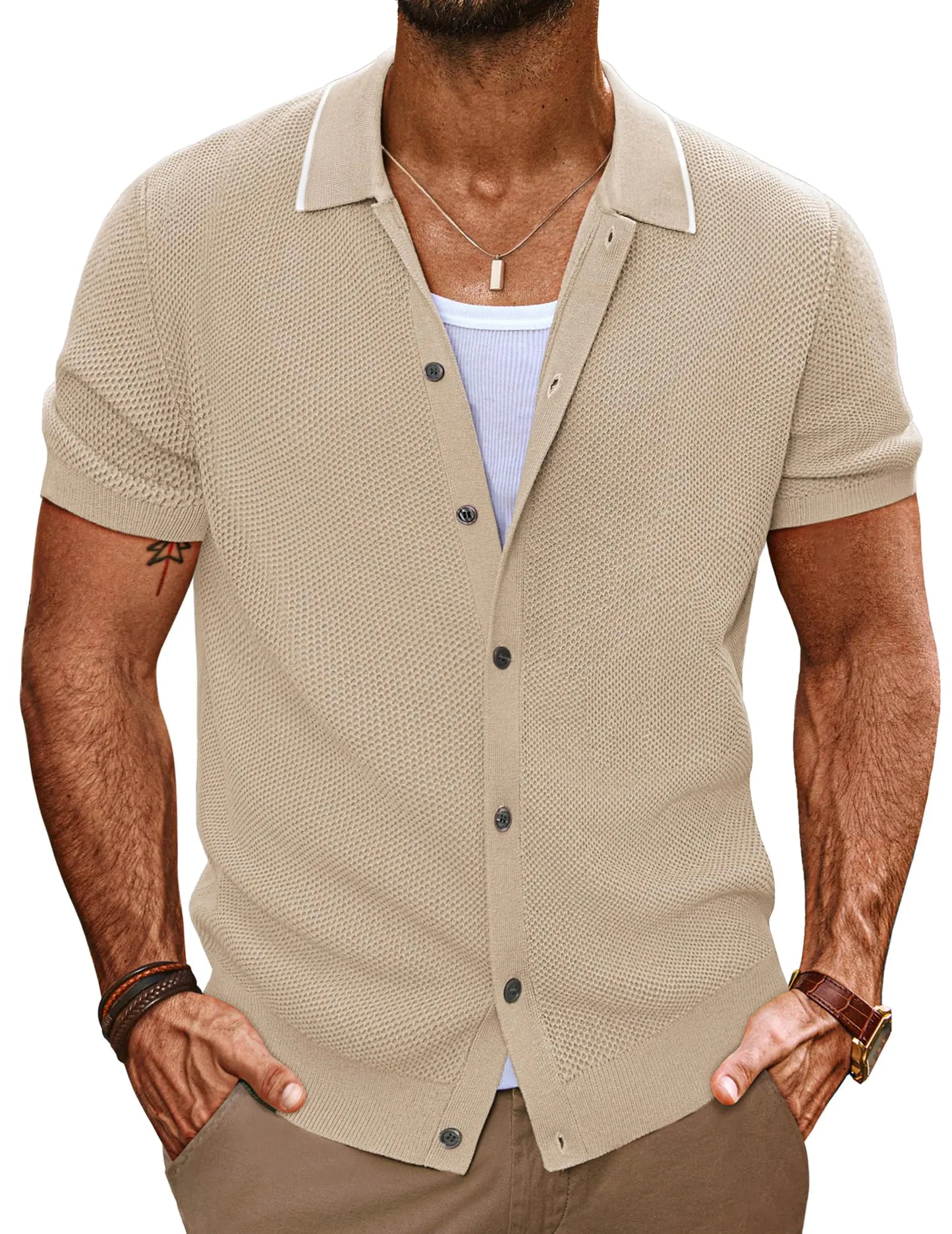 Mens Knit Shirt Summer Casual Button Down Shirt Beach Vacation Tops Lightweight Apricot