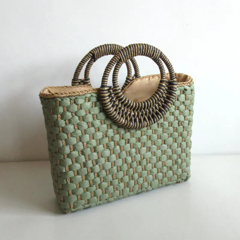 Square Woven Floral Handbag - Straw Beach Bag