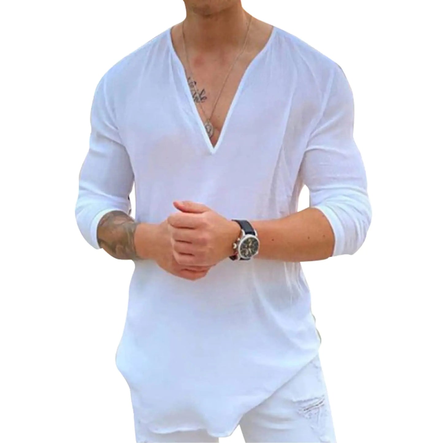 Rela Bota Mens Cotton Linen V-Neck Shirt Solid Hippie Shirts Yoga Henley Shirt Hawaiian Beach Wear White M