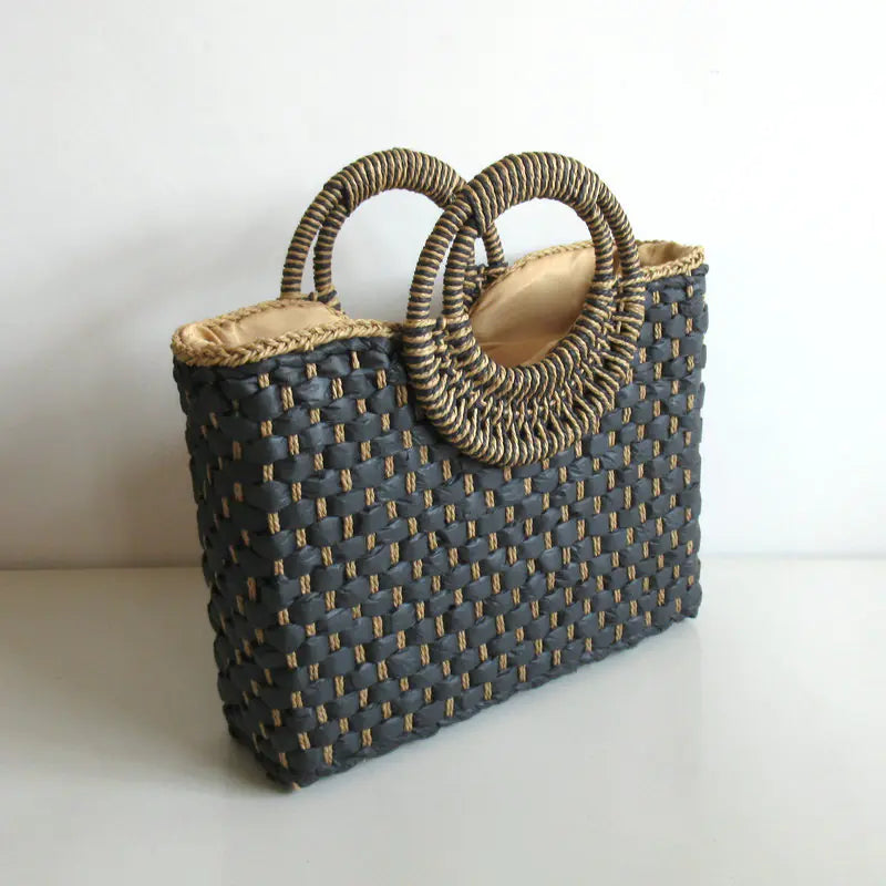 Square Woven Floral Handbag - Straw Beach Bag