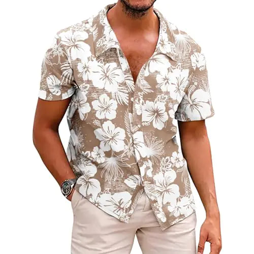 Mens Novelty Hawaiian Floral Shirt Summer Casual Button Down Tropical Holiday Beach Shirts Khaki