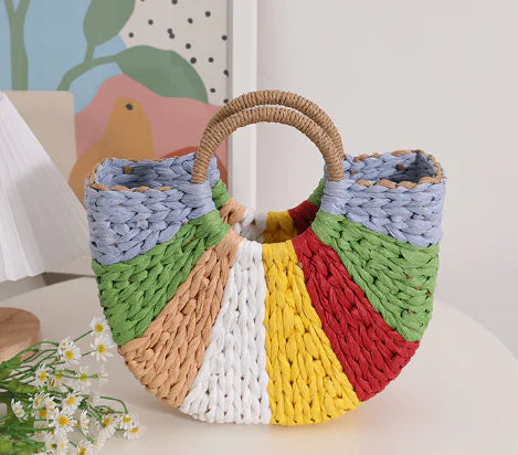 Colorful Woven Thai Straw Handbag for Beach Travel