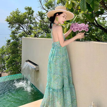 Backless Floral Print Beach Dress for Women 2024