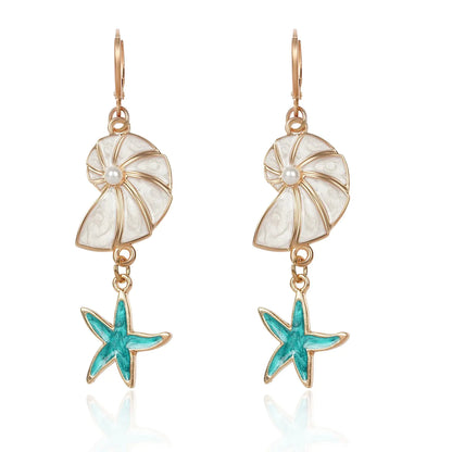 Blue Starfish Earrings for Women Boho Dangle Seashell Huggie Hoop Earrings Bohemian Drop Pearl Sparkly Sea Shell Conch Earrings Hawaiian Earrings Summer Beach Vacation Ocean Jewelry Gifts for Women