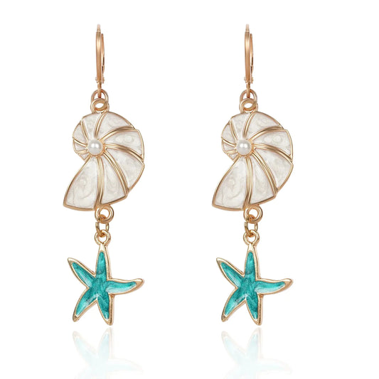 Blue Starfish Earrings for Women Boho Dangle Seashell Huggie Hoop Earrings Bohemian Drop Pearl Sparkly Sea Shell Conch Earrings Hawaiian Earrings Summer Beach Vacation Ocean Jewelry Gifts for Women