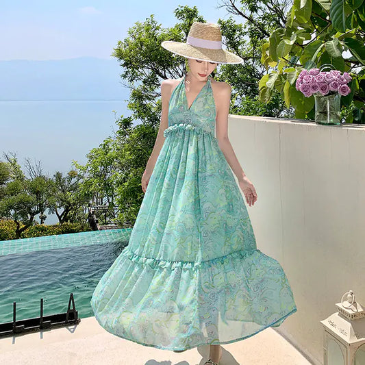 Backless Floral Print Beach Dress for Women 2024