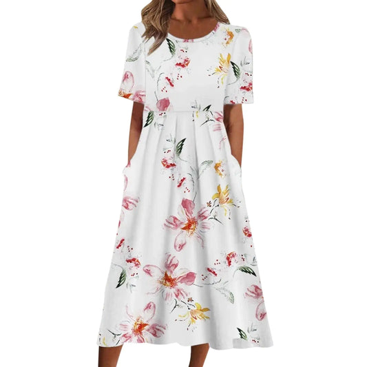 Generic Today Sales Clearance Summer Midi Dresses for Women 2024 Plus Size Casual Loose Fashion Boho Beach Flowy Short Sleeve T Shirts Dress Cute Crewneck Sundresses with Pockets Pink L