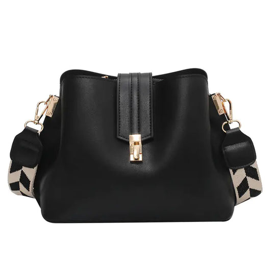 Luxury Black PU Leather Bucket Crossbody Handbag for Women