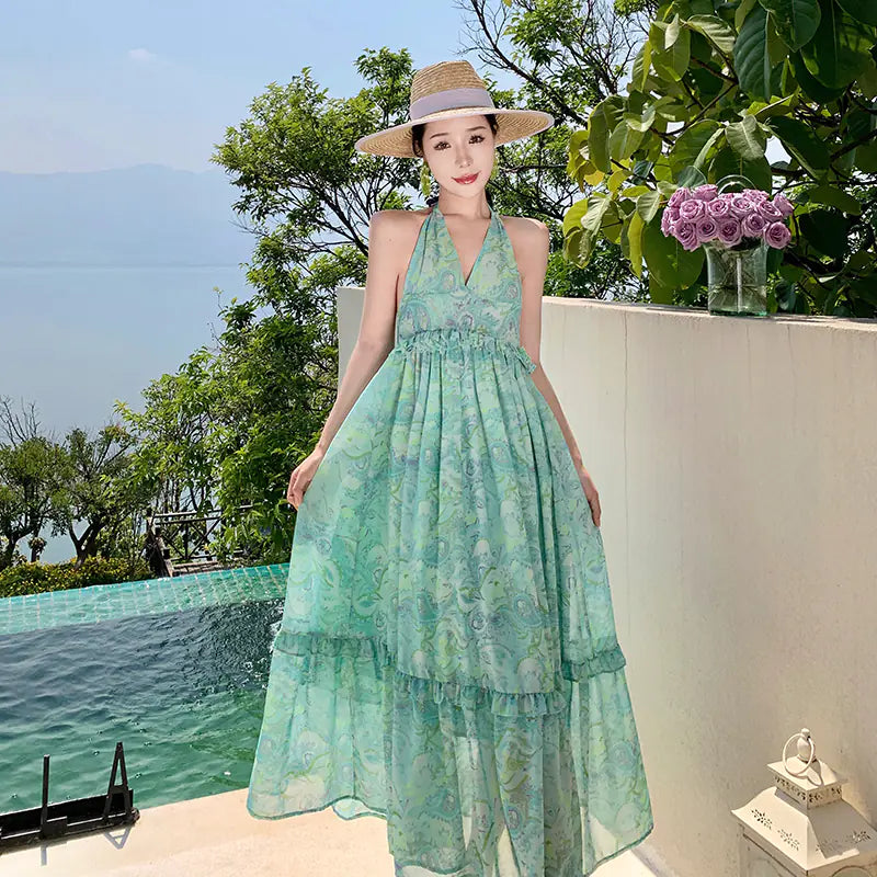 Backless Floral Print Beach Dress for Women 2024