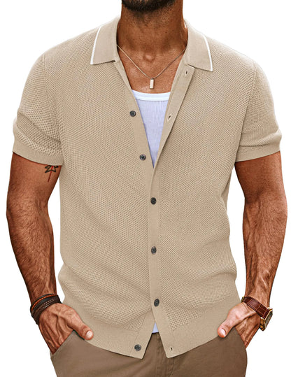 Mens Knit Shirt Summer Casual Button Down Shirt Beach Vacation Tops Lightweight Apricot