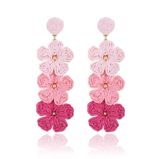 RUOFFETA Raffia Flower Earrings Raffia Straw Wrapped Flower Drop Dangle Earrings Summer Tropical Beach Jewelry(Pink Ombre)