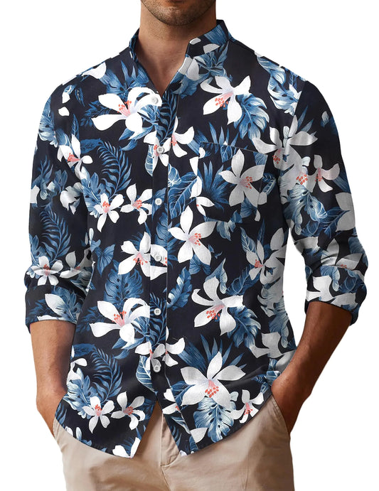 COOFANDY Mens Summer Beach Shirts Long Sleeve Button Up Shirt Casual Linen Shirt