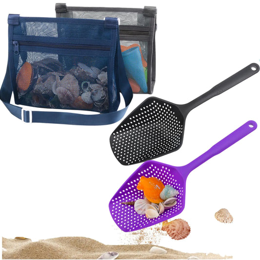 Beach Mesh Shovel with Beach Mesh Bag Beach Shell Bags for Holding Beach Shell Toys Kids Filter Sand Scooper for Picking Up Shells Shark Tooth Sifter Dipper Beach Toys Accessories