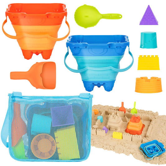 HUGCATY Beach Toys Collapsible Sand Toys - 9pcs Sand Castle Building Kit: Foldable Sand Buckets Shovels Castle Molds & Packable Mesh Bag - Sandbox Toys for Toddlers Kids Ages 3-12 Beach Travel