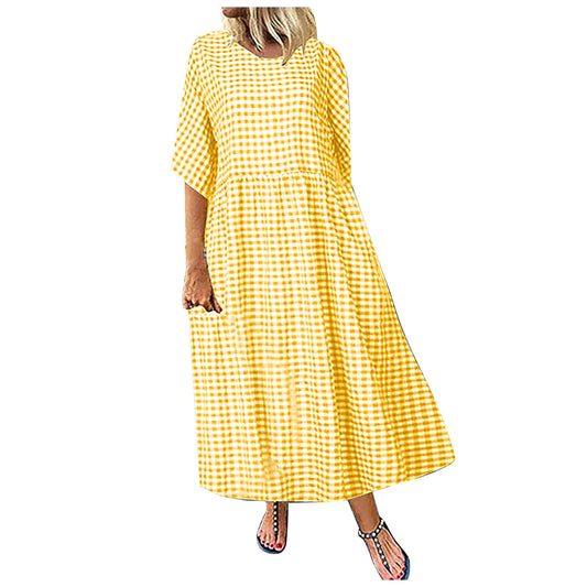 Generic Spring Dresses for Women 2024 Cotton Linen Casual Summer 3/4 Sleeve Plus Size Maxi Dress Fashion Plaid Print A Line T Shirt Flowy Swing Beach Vacation Dresses Long Sundress A-Yellow 3X-Large
