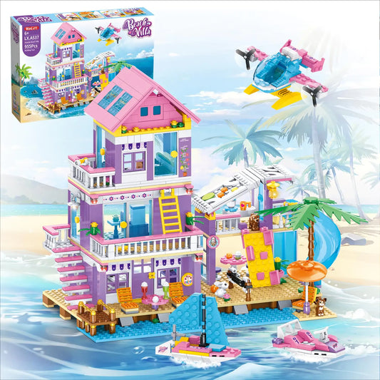 WinGift 955 Piece Beach House Building SetSeaside Beach Villa Building Toys Friends Vacation Hut Blocks SetSTEM BuildingToys with HelicopterYachtSailboatChristmas Birthday Gift for Girl Age 6-12+