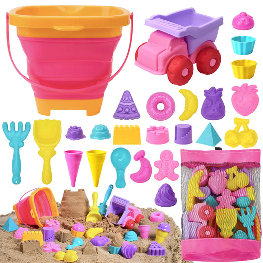 Sloosh Beach Sand Toys Set - Pink Dump Truck Car Toys with Sand Molds Toddlers Outdoor Play Collapsible Buckets Mesh Bag Sand Shovels Castle Ice Cream Mold Sets Kids Ages Sandbox Toys (Foods)