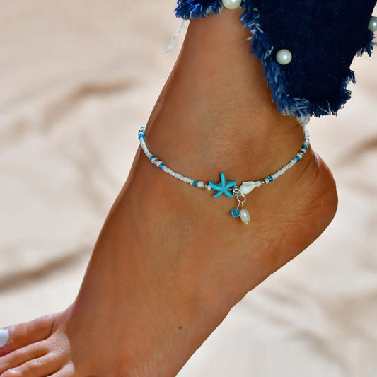 Seastar Shell Beach Anklet and Beaded Bracelet Jewelry