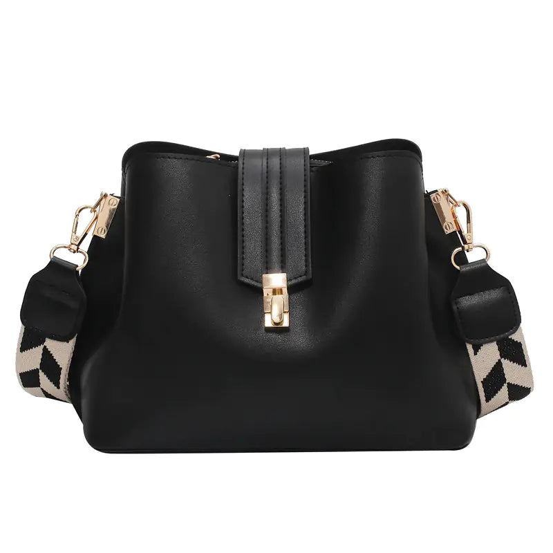 Luxury Black PU Leather Bucket Crossbody Handbag for Women